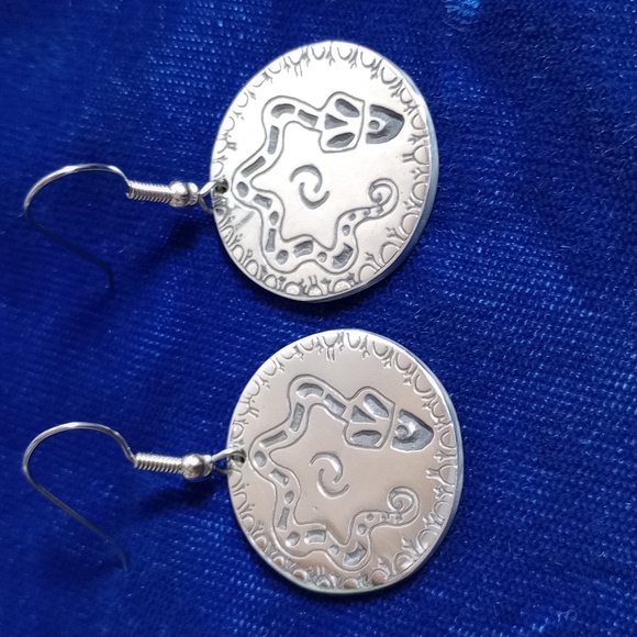 Snake Design On Sterling Silver Round Dangle Earrings  Signed JJ - Picture 5 of 14